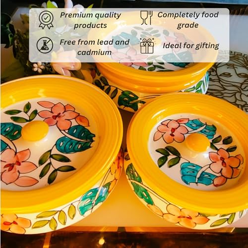 Image of Niyara Handcrafted Ceramic Casserole Set of 3 with Lids | Yellow Floral Printed Multipurpose Serving Bowls | Ideal for Curry, Rice, Dal, Snacks & Dinner Table | Microwave & Dishwasher Safe