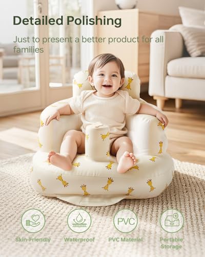 Image of Inflatable Baby Seat for Learning to Sit & Feeding (3-36 Months) with Built-in Air Pump - Anti-Tip, Ergonomic & Portable Floor Seat (L Giraffes)