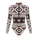 Jekioweii Aztec Leopard Print Womens Long Sleeve Bodysuits Tummy Control Mock Turtle Neck Zip Up Body Suit Tops Sexy Going Out Shirts Gymnastics Leotards