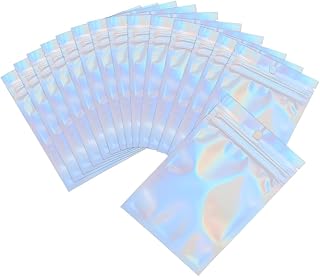 100Pcs Resealable Mylar Ziplock Bags for Food Storage Smell Proof Pouch for Candy Cookies Party Favor (Holographic 4 x 6 inch)
