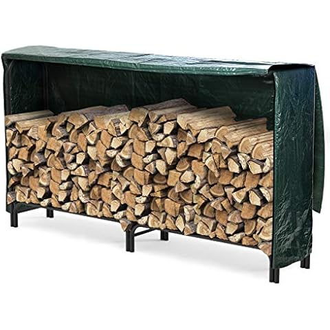 VOUNOT Firewood Log Rack with Cover, Metal Log Store Outdoor, 200 x 116 x 36 cm, Black Cover