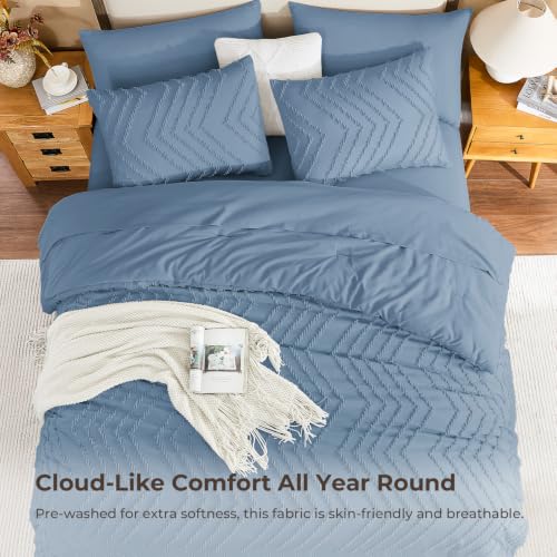 Image of Litanika Super King Plus Size Comforter Set with Sheets Grayish Blue - 7 Pieces Bed in a Bag Oversized King Boho Tufted Complete Bedding Sets with Comforter, Sheets, Pillowcases & Shams