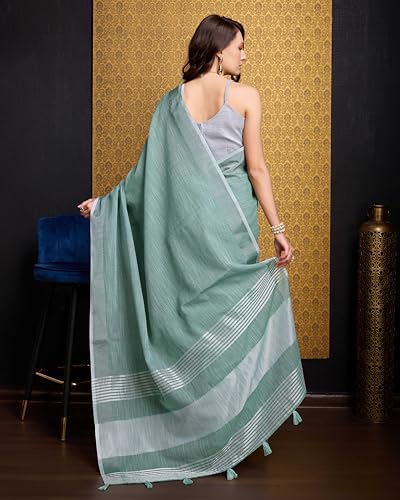 Image of SWORNOF Women's Linen Cotton Silk Saree with Unstitched Blouse Piece | Saree for Women | Saree with Blouse Piece | Soft and Skin Friendly