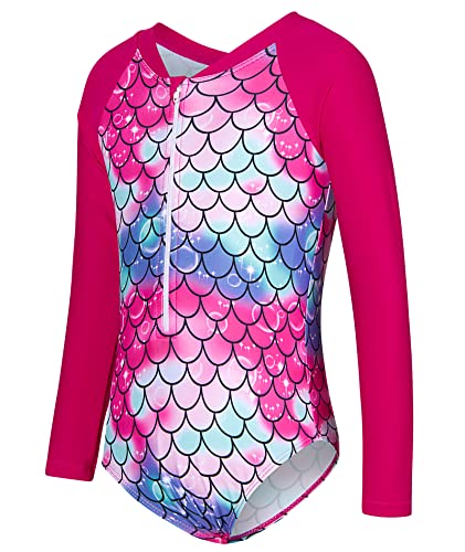 uideazone 2-9 Years Girls Long Sleeve Swimsuit One Piece Bathing Suit Zipper UPF 50+ Rashguard Swimwear