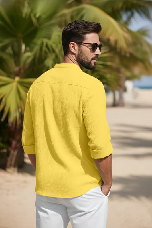 Image of Men's Cotton Blend Short Kurta with Collared Neck Full Sleeves Solid Pattern Western Style Regular Fit and Standard Length