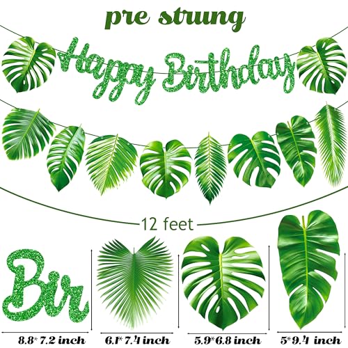 Image of Tropical Green Palm Leaf Happy Birthday Banners Hawaiian Luau Decorations for Summer Theme Jungle Baby Shower Supplies