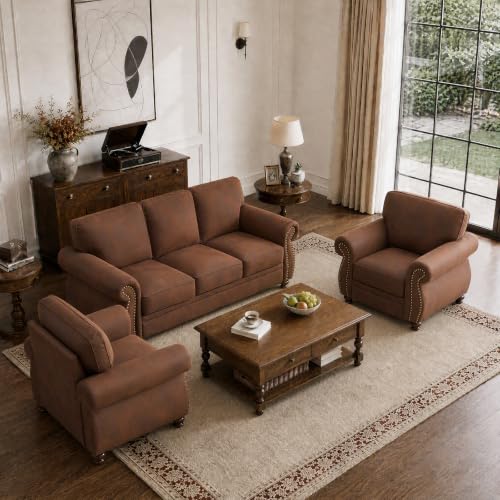 Image of Couchus 88 inch W Living Room Furniture Sets, 3-Seater&2 Single, Caramel Rust