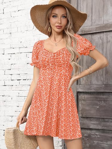 Image of Missufe Women's Puff Short Sleeve Drawstring Ruched Front Fit and Flare Floral Summer Casual Short Dress