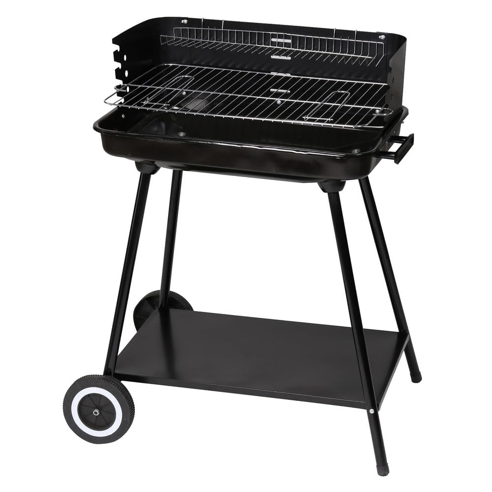 LOLAhome Barbacoa de carbón negra | De 64x38x82cm | Regulable 4 alturas, Doble parrilla Cocinar y Calentar, fácil montaje, fácil guardado | Para 10 comensales | Barbacoa jardín