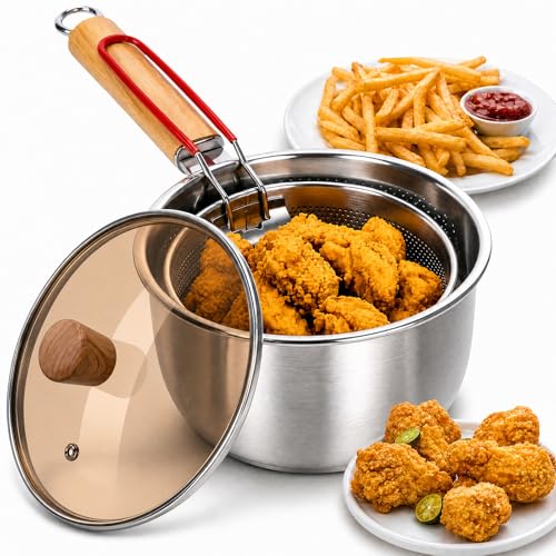 304 Stainless Steel Deep Fryer Pot with Strainer Basket & Lid, 2L(2.1QT) Multi Functional Cooking Pot with Detachable Space Saving Anti Scald Handle for Home Kitchen & Outdoor Camping