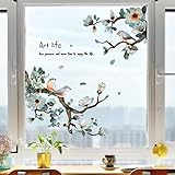 Birds on Cherry Blossom Branches Window Clings, Removable Green Leaf Window Stickers, Watercolor Bird Plant Decor, DIY Ink and Chinese Style Flowers Vinyl Art Decals Decoration for Glass Window Doors