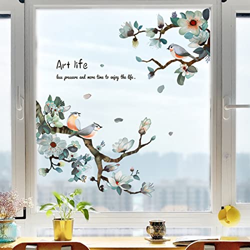 window art decal - Birds on Cherry Blossom Branches Window Clings, Removable Green Leaf Window Stickers, Watercolor Bird Plant Decor, DIY Ink and Chinese Style Flowers Vinyl Art Decals Decoration for Glass Window Doors