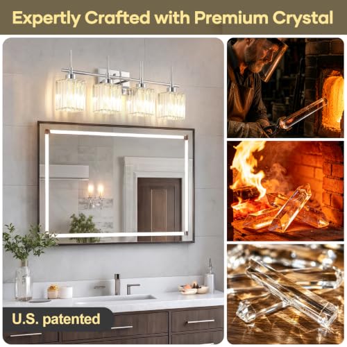 Image of Torondo Modern Crystal Bathroom Vanity Light 4-Lights Chrome Bathroom Light Fixtures Over Mirror Vanity Lighting Fixtures Gold Square Shade Wall Sconce (Bulbs Not Include)
