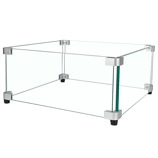 BOMINICA Glass Wind Guard, 15 x 15 x 6.5 inch Clear Tempered Wind Guard for Gas Firepit, Thick Square Glass Shield with Aluminum Corner Bracket & Rubber Feet