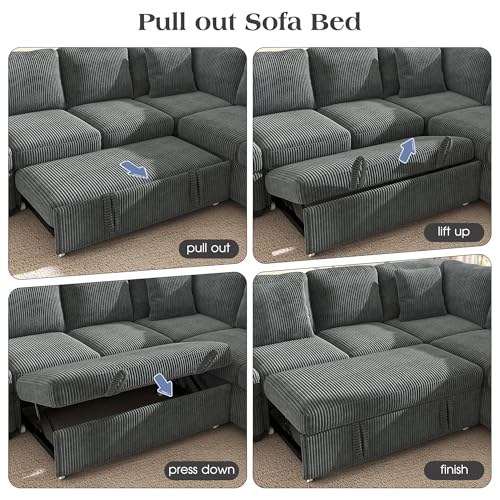 Ihanherry 59-inch Corduroy Convertible Sofa Bed with USB Charging Port, Side Pockets, and Wide Armrests – Full Size Sleeper for Living Room, Bedroom, and Multi-Scenario Use（Gray） - image 6