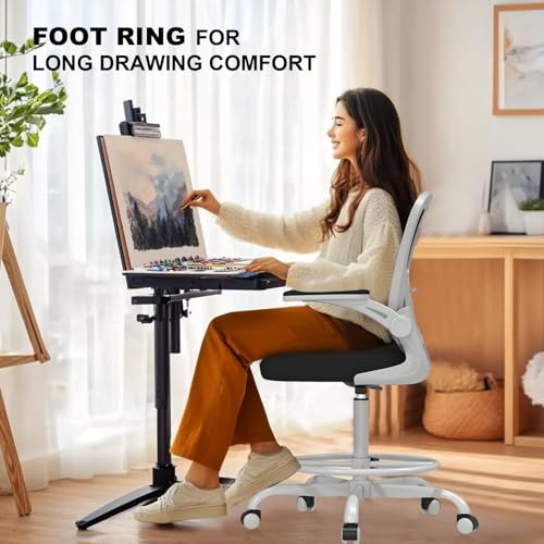 Image of Synorla Ergonomic Drafting Chair, Tall Mesh Office Chair with Flip-up Armrests, Lumbar Support Adjustable Footrest Ring for Standing Desk Gray Pink