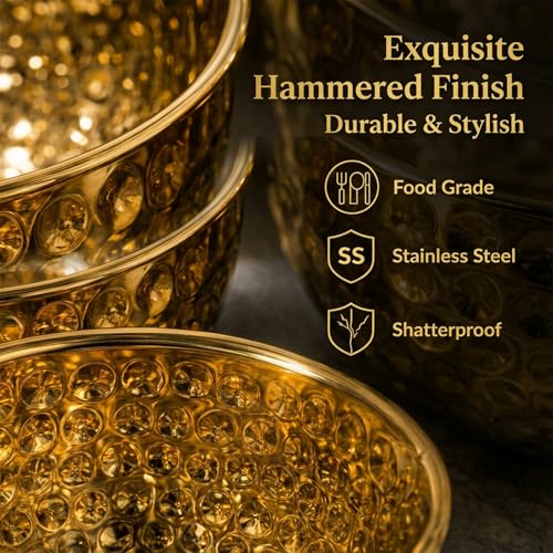 LZDDYWPH Gold Hammered Serving Bowls Set of 3（1.2/2.4/3.6QT with Elegant Gift Box – Stainless Steel Decorative Nesting Salad,Snack Bowl Set –for Parties,Kitchen Counter, Wedding, Housewarming by LZDDYWPH - Image 3