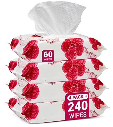 Herb & Luxe Face Wipes, Flip-Top Makeup Remover Facial Cleansing Wipes with Aloe Vera for Sensitive, Oily, dry Skin, Face/Hands/Body, Women/Men, 60 Count, Rose (Pack of 4 = 240 Wipes)