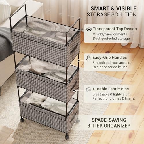 Image of Lukzer 3-Tier Clothes Organizer Basket with Wheels | Fabric Closet Storage Rack for Folded Clothes | Metal Rolling Wardrobe Shelf for Bedroom Closet & Laundry Room (Black & White /28x57x136 cm)
