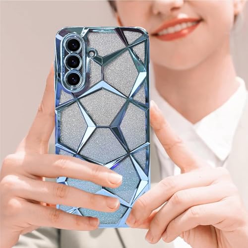 Image of VONZEE Gradient Glitter Clear Case for Samsung A56, Luxury Electroplated 3D Cube, Diamond Bling Shiny Soft TPU Clear Shockproof Women Girls Protective Phone Cover (Sierra Blue)