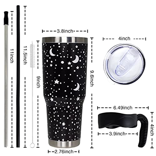 40 Oz Tumbler With Handle And Straw, Star And Moon Reusable Tumbler Stainless Steel Insulated Leak Proof Travel Coffee Mug Lunar Print Cup, Keeps Drinks Cold Up To 34 Hours Or Hot For 12 Hours #TOP4
