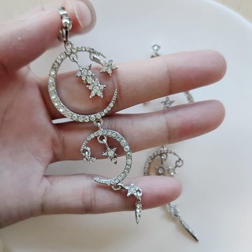 Usresu Clip On Earrings Vintage Star Moon Tassels Dangle Rhinestone Silver-Tone Plated #TOP1