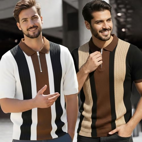 Image of AUSK Men's Retro Cable-Knit Quarter-Zip Polo | Premium Textured Self-Design Half Sleeve T-Shirt for Men