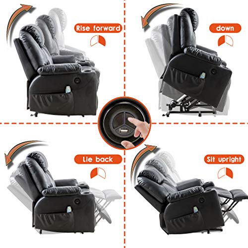 Image of BestMassage Electric Power Lift Chair Recliner Sofa for Elderly Massage Chair, Adjustable Furniture with Vibration Massage and Lumbar Heated,Remote Control,USB Ports for Living Room (Black, Leather)