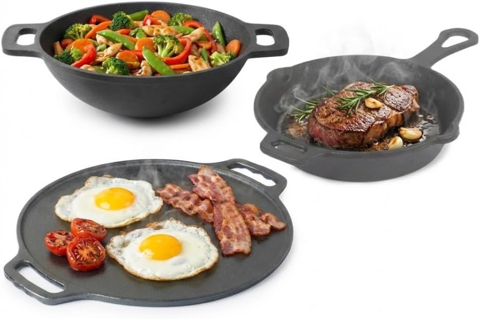 - Mumma's LIFE Cast Iron Kadhai Cookware Set Combo | Dosa Tawa (30.5 cm), Deep Kadai (2.3L) & Fry Pan (1.4L) | Pre-Seasoned Heavy Duty Kitchen Set for Roti, Dosa & Everyday Cooking