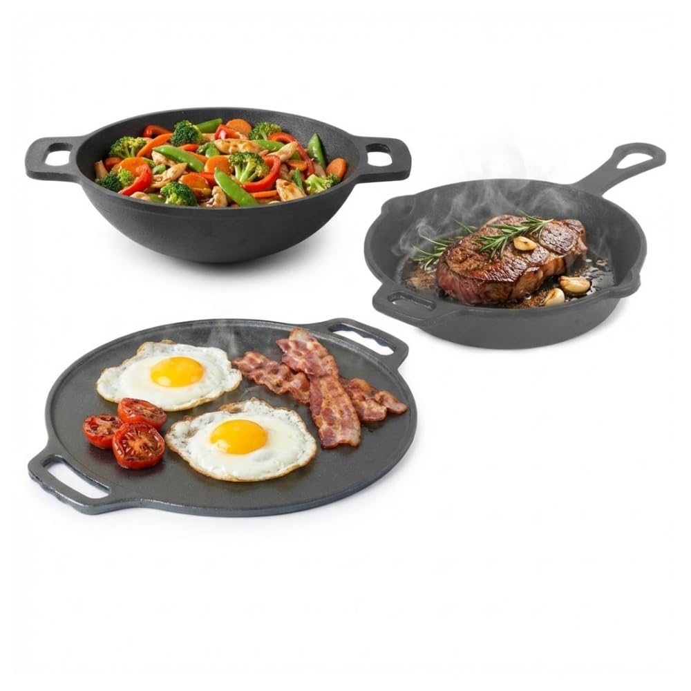 Mumma's LIFE Cast Iron Kadhai Cookware Set Combo | Dosa Tawa (30.5 cm), Deep Kadai (2.3L) & Fry Pan (1.4L) | Pre-Seasoned Heavy Duty Kitchen Set for Roti, Dosa & Everyday Cooking