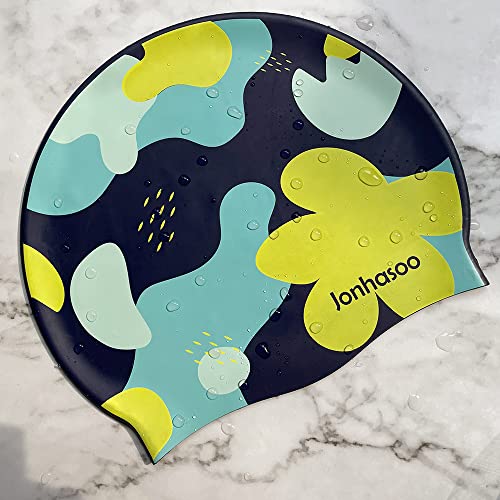 Image of Swim Cap Women, Silicone Swimming Cap for Long Hair with Flower Printed