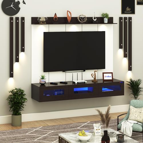 Image of Anikaa RayzaPro Engineered Wood Wall Mount TV Unit with PVC Back Panel, Acrylic Blue LED Storage Box, Side Wooden Accent Spot Light Panels I Deal for Up to 50 Inch TV (Wenge - DIY Installation)