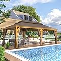 YOLENY 14'x24' Gazebo, Wooden Finish Coated Aluminum Frame Pergola with Double Galvanized Steel Hardtop Roof, Outdoor Permanent Metal Pavilion with Curtains and Nettings for Patio, Backyard and Deck