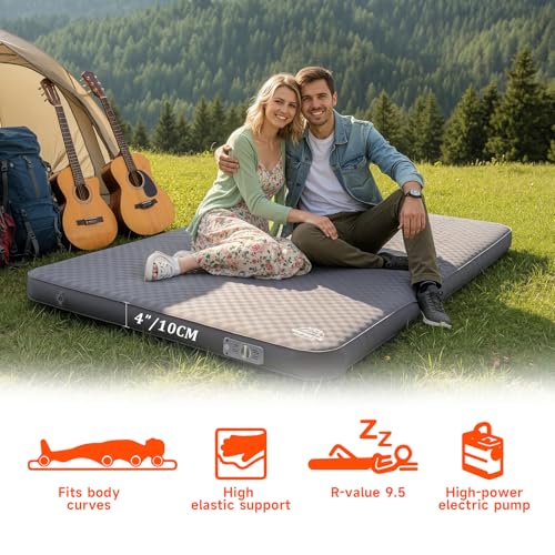 LANMOUNTAIN Self Inflating Sleeping Pad,Double Camping Mattress w/Detachable Electric Pump,4 - Inch Thick Memory Foam for Ultimate Comfort, Suitable for Family,Outdoor,Road Trip,4 - Season Use,Gray — view 3
