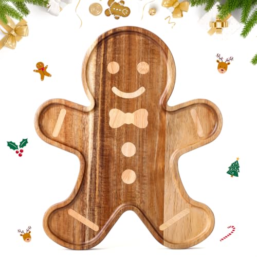 Ziliny Gingerbread Man Christmas Charcuterie Board, 11 x 13 Inch | Natural Acacia Wood Christmas Serving Platter, Holiday Table Decor Charcuterie Gift for Snacks, Cheese. Hand Wash Recommended