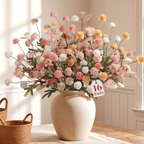 Alupssuc 16 PCS Faux Flowers for Vase Artificial Silk Mums with Eucalyptus, Fake Chrysanthemum Floral with Adjustable Long Stem for Dining Table Centerpiece Home Decoration Indoor, image 5