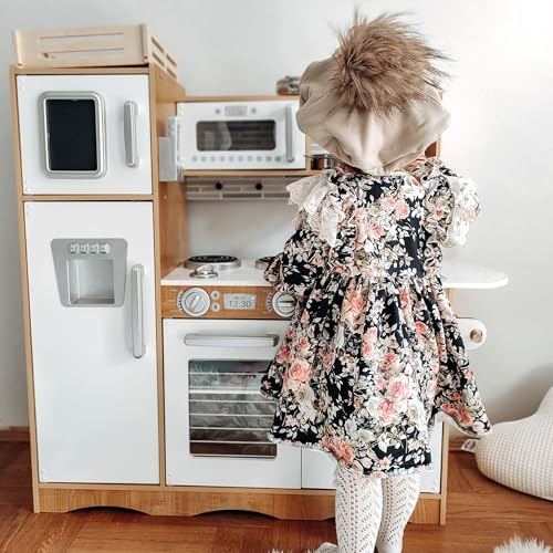 Mamabrum Holz-Spielküche LED-Beleuchtung, Kinderküche Zubehör Set - Ofen, Mikrowelle, Kochfeld, Wasserhahn, Kühlschrank & Spielzeug-Kochutensilien für Kinder (15 Teile)