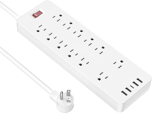 Regleta de alimentación, protector de sobretensiones HITRENDS con 12 salidas y 4 puertos USB (5V2.4A) y 1 puerto USB-C (5V3A), 1875W15A, enchufe