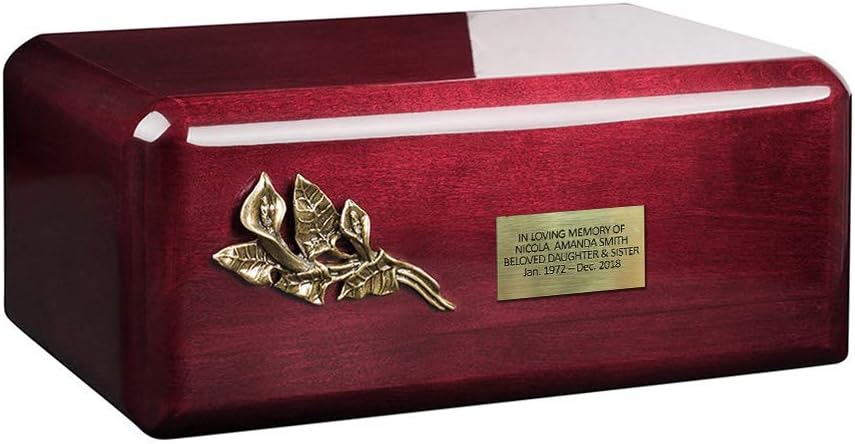 Stunning and very special wooden Cremation Funeral urn for ashes Pet Urn WU52 (Mahogany/Calla Lily/Memorial Plaque)