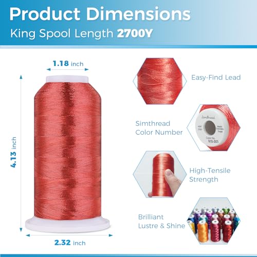 Image of Simthread 2700 Yards Metallic Embroidery Machine Thread - Christmas Red MS-005, 40wt High-Sheen King Spool, Smooth Running & Break Resistant for Commercial & Home Embroidery Machines