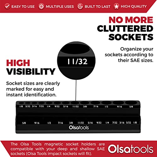 Image of Olsa Tools Magnetic Socket Organizer - 1 /4-Inch Drive SAE Socket Holder with Strong Magnets - Professional Tool Holder and Organizer - Stores up to 26 Sockets - Black - Part: 1542