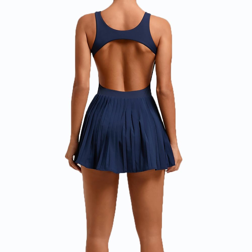 Sukienka Tenisowa Damska z Szortami i Biustonoszem, Sukienka Sportowa Bez Rękawów Dekolt Kwadratowy Odkryte Plecy, Plisowana Fitness Yoga z Kieszenią(XL, Dark Blue)