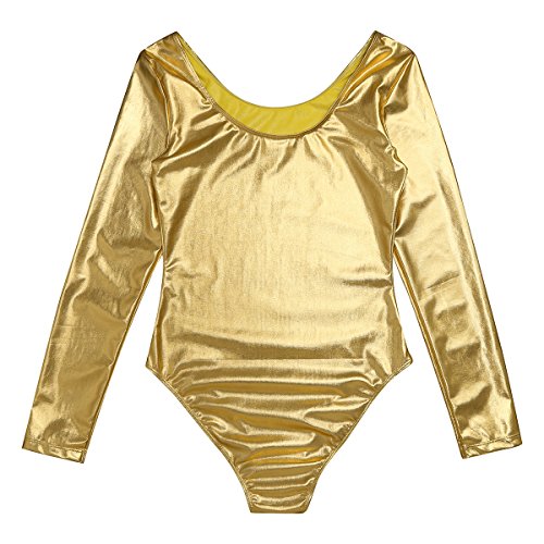 Ranrann Women's Shiny Metallic U Neck Long Sleeves Gymnastics Ballet Dance Leotard Bodysuit Gold Medium #TOP6
