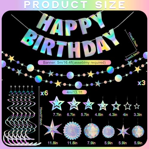 Image of Knitgrip 23 Pcs Iridescent Birthday Party Decorations Disco Sparkly Decorations Holographic Party with Mermaid Happy Birthday Banner Hanging Honeycomb Ball Paper Fan Snowflake Star