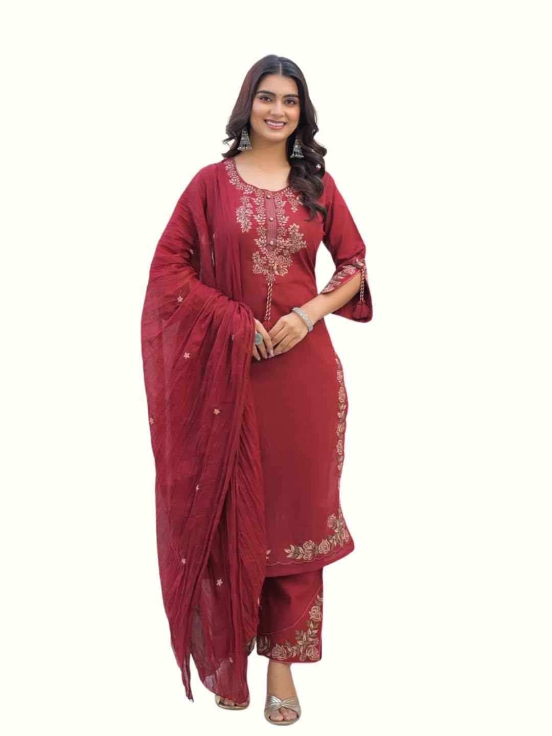 komfortive Women’s Cotton Suit Set with Embroidered Floral Motifs and Matching Dupatta | 3 Piece Kurta Set for Women-picture-28