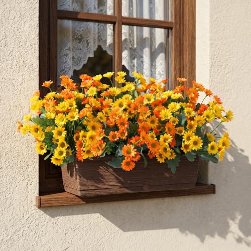 Image of HyeFlora Artificial Mums for Outdoors Fall Decor, 6 Bundles Fake Flowers UV Resistant Realistic Faux Flowers Bouquet Silk Flowers for Outside Planter Porch Patio Garden Yard Balcony Home, Mix
