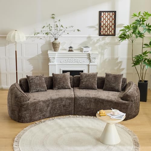 Image of 109-Inch Curved Boneless Modular Sofa Compressed 4-Seat Cloud Couch with 4 Pillows, Modern Curved Boneless Foam Sofa Floor Deep Seat Cloud Couch for Living Room Bedroom