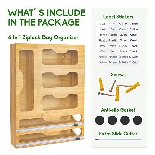 Kumebon Ziplock Bag Organizer Bamboo, 6 In 1 Wrap Dispenser With Cutter, Kitchen Storage Ziplock Bag Organizer For Drawer, Compatible With Ziplock Gallon, Quart, Sandwich, Snack, Aluminum Foil Etc #TOP3