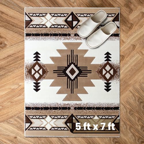 YHSF South West Native American Area Rug C318 - Easy Clean, Thick, Soft, Durable Native Tribal American Indian Inspired Rug for Bedroom/Living Room and More - Ivory, 5 Feet x 7 Feet