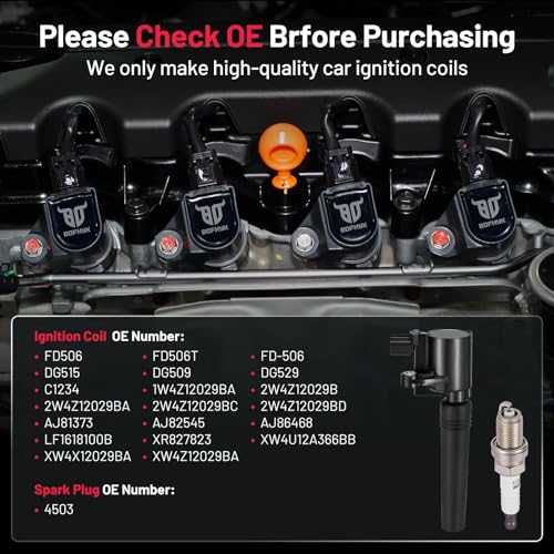 Image of BDFHYK 8 Ignition Coil Pack FD506 and 8 Iridium Spark Plug 4503 Compatible with Lincoln 2000-2006 LS, Compatible with Ford 2002-2005 Thunderbird 3.9L V8 Coil for DG515 DG509